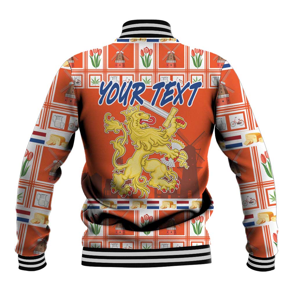 Orange baseball jacket with striped collar, cuffs, and 'YOUR TEXT' back graphic