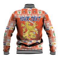 Orange baseball jacket with striped collar, cuffs, and 'YOUR TEXT' back graphic