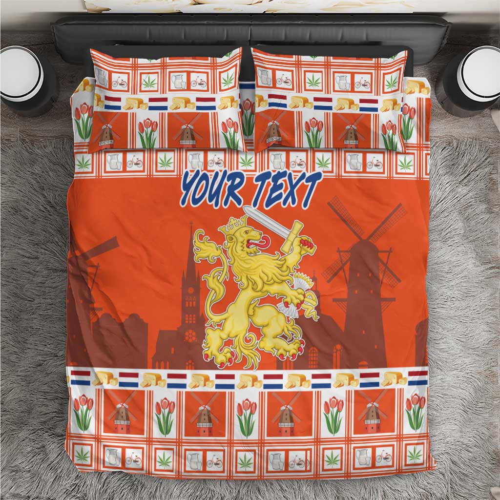 Orange Christmas bedding set with Dutch scene border and gold coat of arms center
