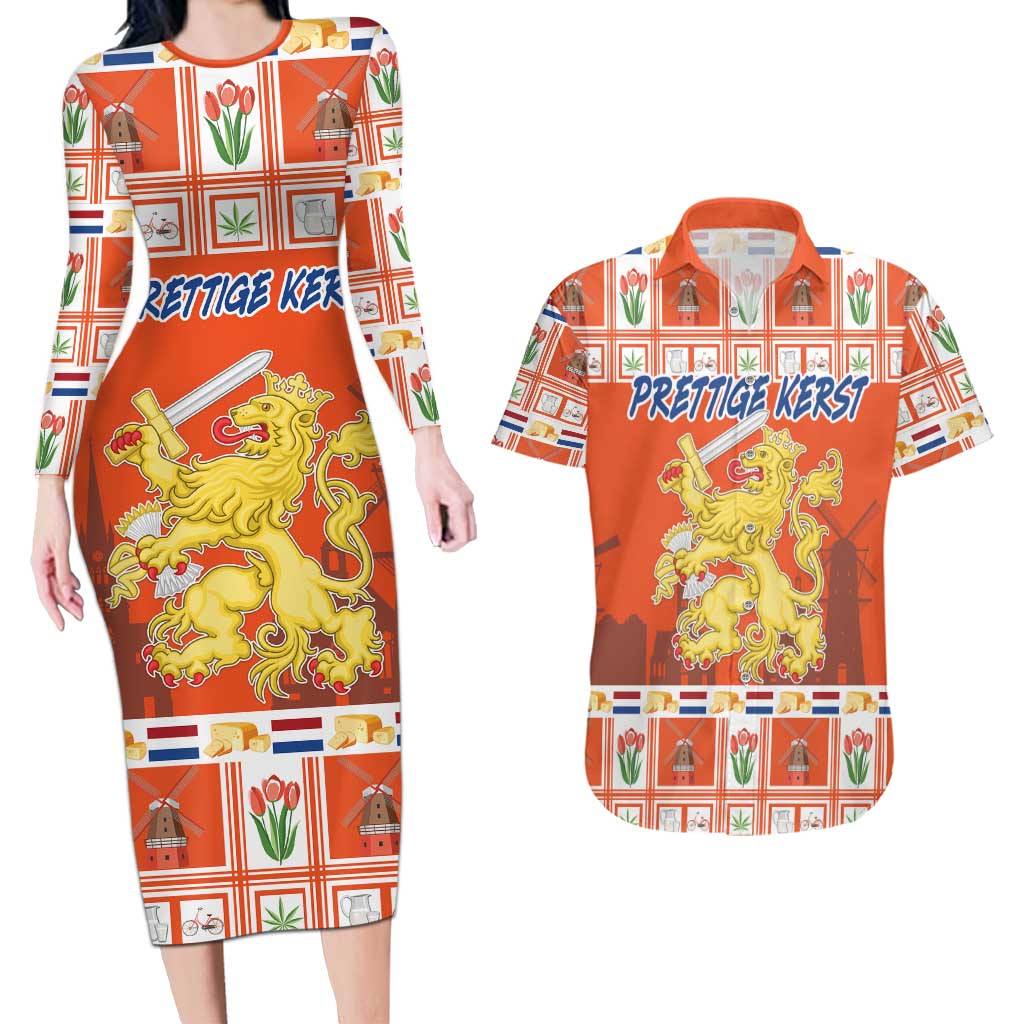 Personalized Netherlands Christmas Couples Matching Long Sleeve Bodycon Dress and Hawaiian Shirt Coat Of Arms - Prettige Kerst - Wonder Print Shop