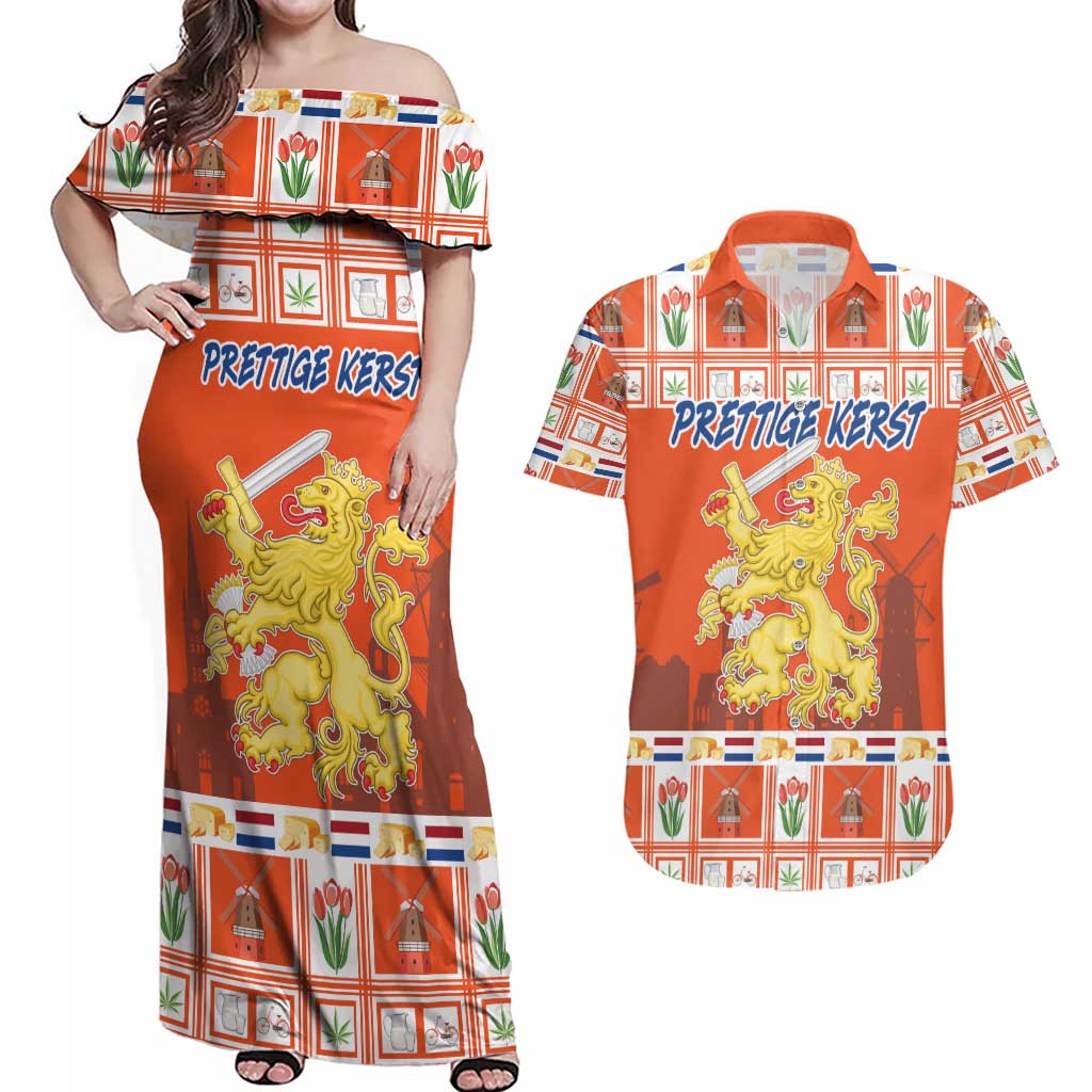 Personalized Netherlands Christmas Couples Matching Off Shoulder Maxi Dress and Hawaiian Shirt Coat Of Arms - Prettige Kerst - Wonder Print Shop