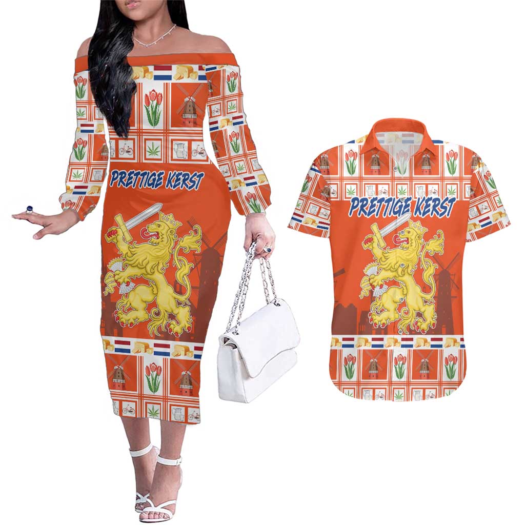 Personalized Netherlands Christmas Couples Matching Off The Shoulder Long Sleeve Dress and Hawaiian Shirt Coat Of Arms - Prettige Kerst - Wonder Print Shop