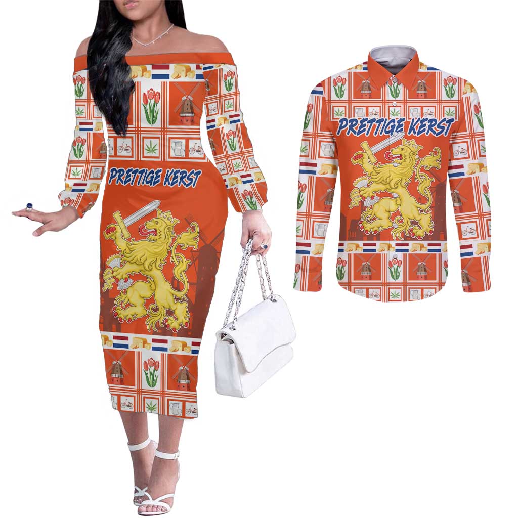 Personalized Netherlands Christmas Couples Matching Off The Shoulder Long Sleeve Dress and Long Sleeve Button Shirt Coat Of Arms - Prettige Kerst