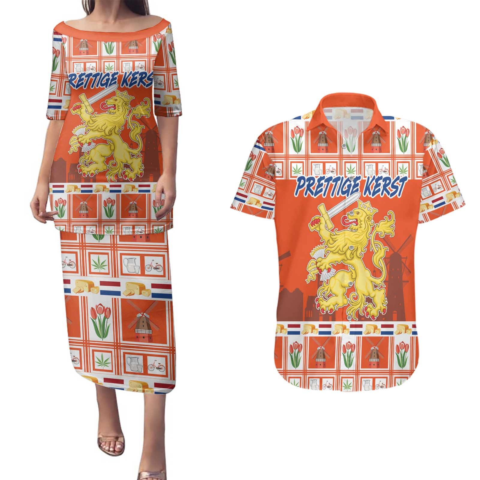 Personalized Netherlands Christmas Couples Matching Puletasi and Hawaiian Shirt Coat Of Arms - Prettige Kerst - Wonder Print Shop