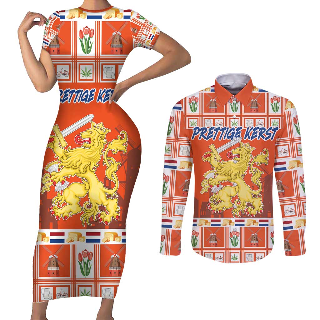 Personalized Netherlands Christmas Couples Matching Short Sleeve Bodycon Dress and Long Sleeve Button Shirt Coat Of Arms - Prettige Kerst - Wonder Print Shop