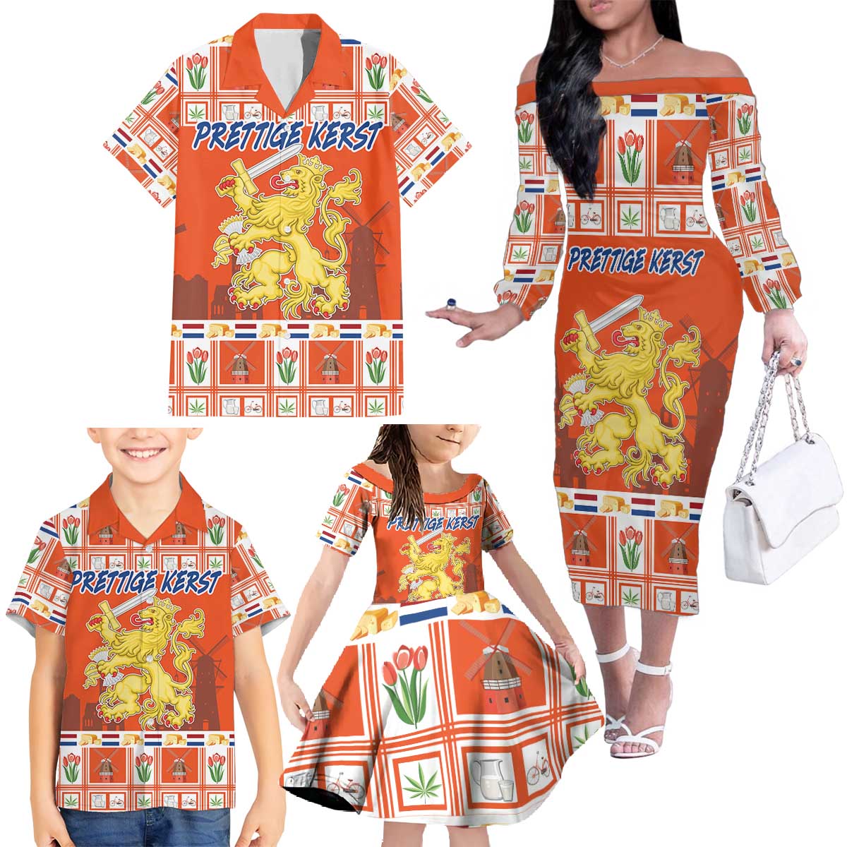 Personalized Netherlands Christmas Family Matching Off The Shoulder Long Sleeve Dress and Hawaiian Shirt Coat Of Arms - Prettige Kerst - Wonder Print Shop