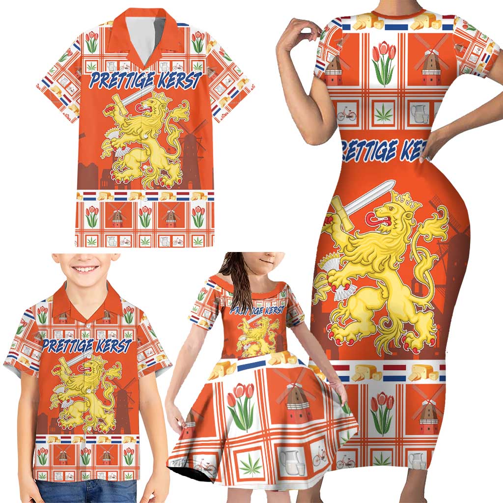 Personalized Netherlands Christmas Family Matching Short Sleeve Bodycon Dress and Hawaiian Shirt Coat Of Arms - Prettige Kerst - Wonder Print Shop