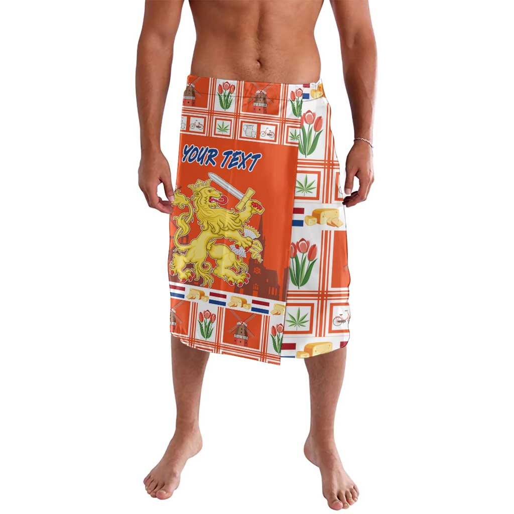 Orange Christmas lavalava wrap skirt with plaid, tulips, windmill, lion crest and custom text