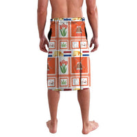 Orange Christmas lavalava wrap skirt with plaid blocks, tulips, windmills, and custom text