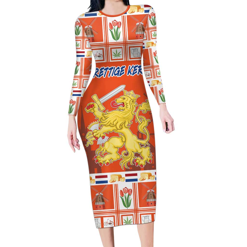 Personalized Netherlands Christmas Long Sleeve Bodycon Dress Coat Of Arms - Prettige Kerst - Wonder Print Shop