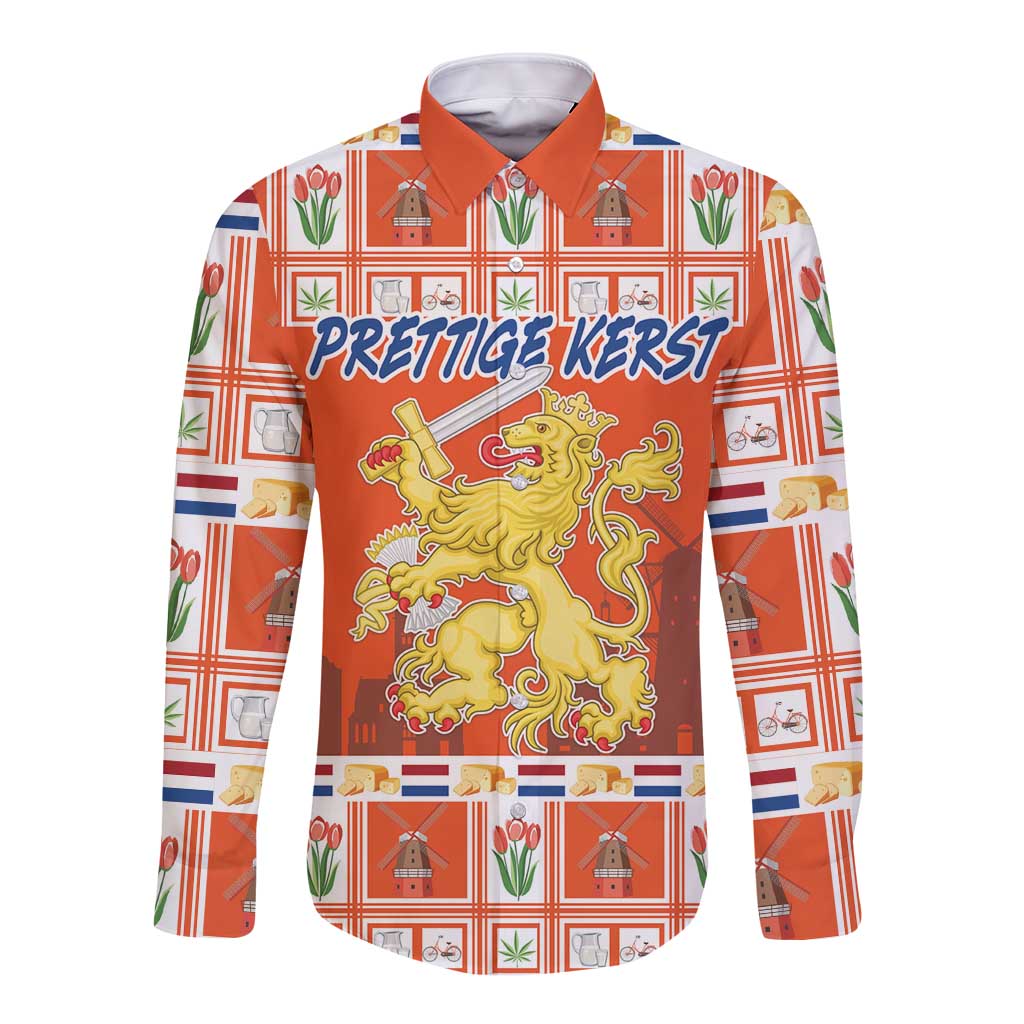 Personalized Netherlands Christmas Long Sleeve Button Shirt Coat Of Arms - Prettige Kerst - Wonder Print Shop