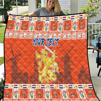 Orange personalized quilt blanket with check border and Netherlands coat of arms center