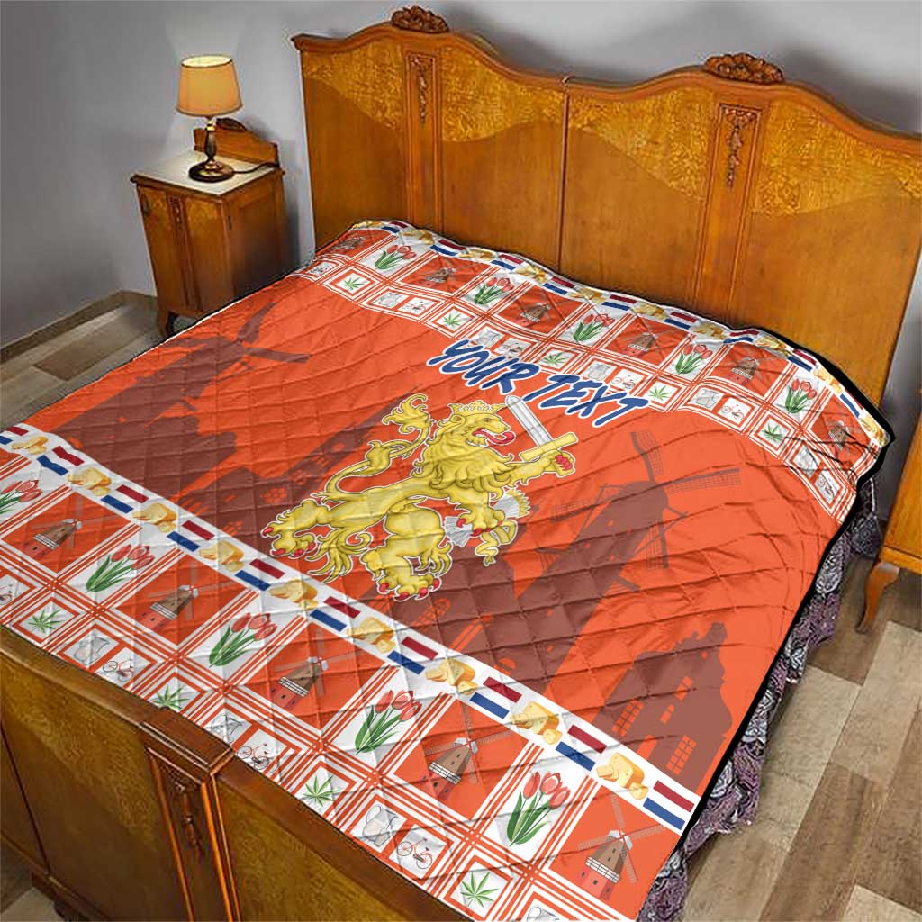 Orange personalized quilt blanket with quilted texture, 'YOUR TEXT' and Netherlands coat of arms