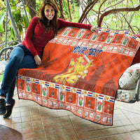 Orange personalized quilt blanket with check border, 'YOUR TEXT' and Netherlands coat of arms