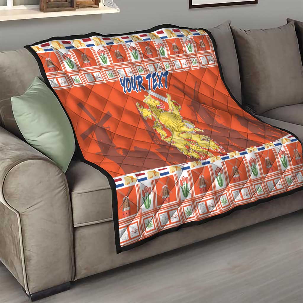 Orange personalized quilt blanket with check border, 'YOUR TEXT' and Netherlands coat of arms
