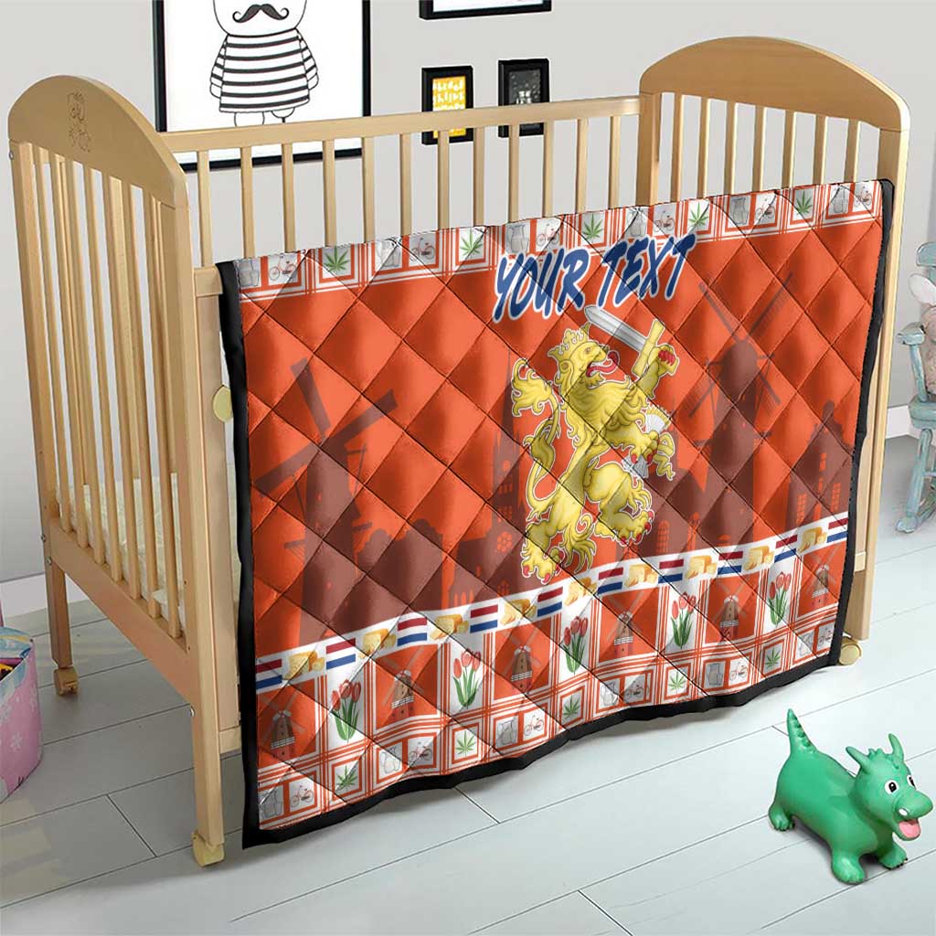 Orange personalized quilt blanket for baby with check border, 'YOUR TEXT' and Netherlands coat of arms