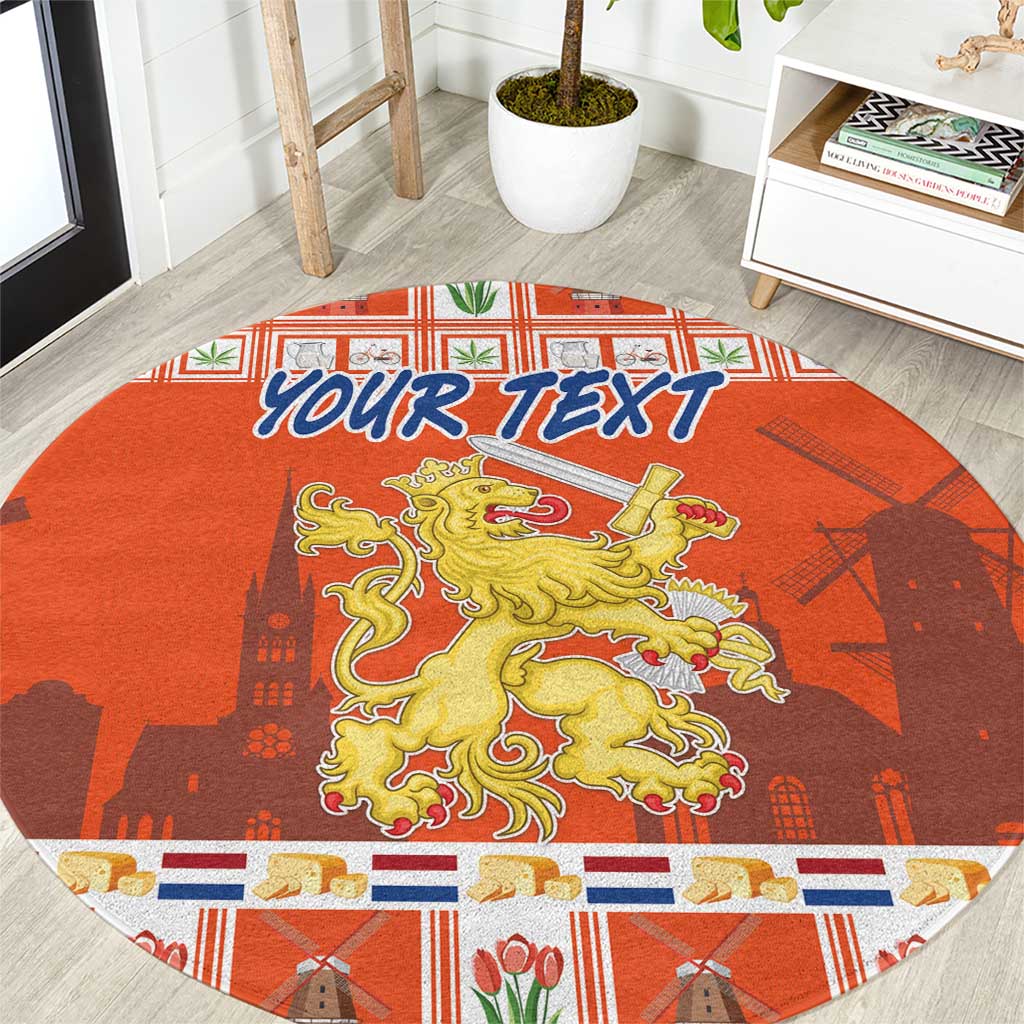 Orange round Christmas round rug with custom text and gold lion coat of arms center