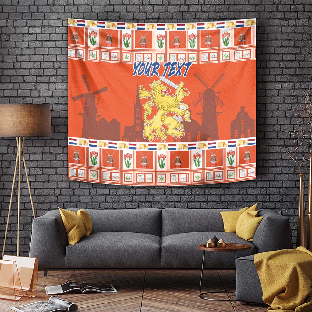 Orange Christmas tapestry with border icons, lion crest, and 'YOUR TEXT' header