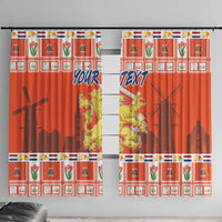 Orange window curtain panels with Dutch coat-of-arms crest and festive border trim