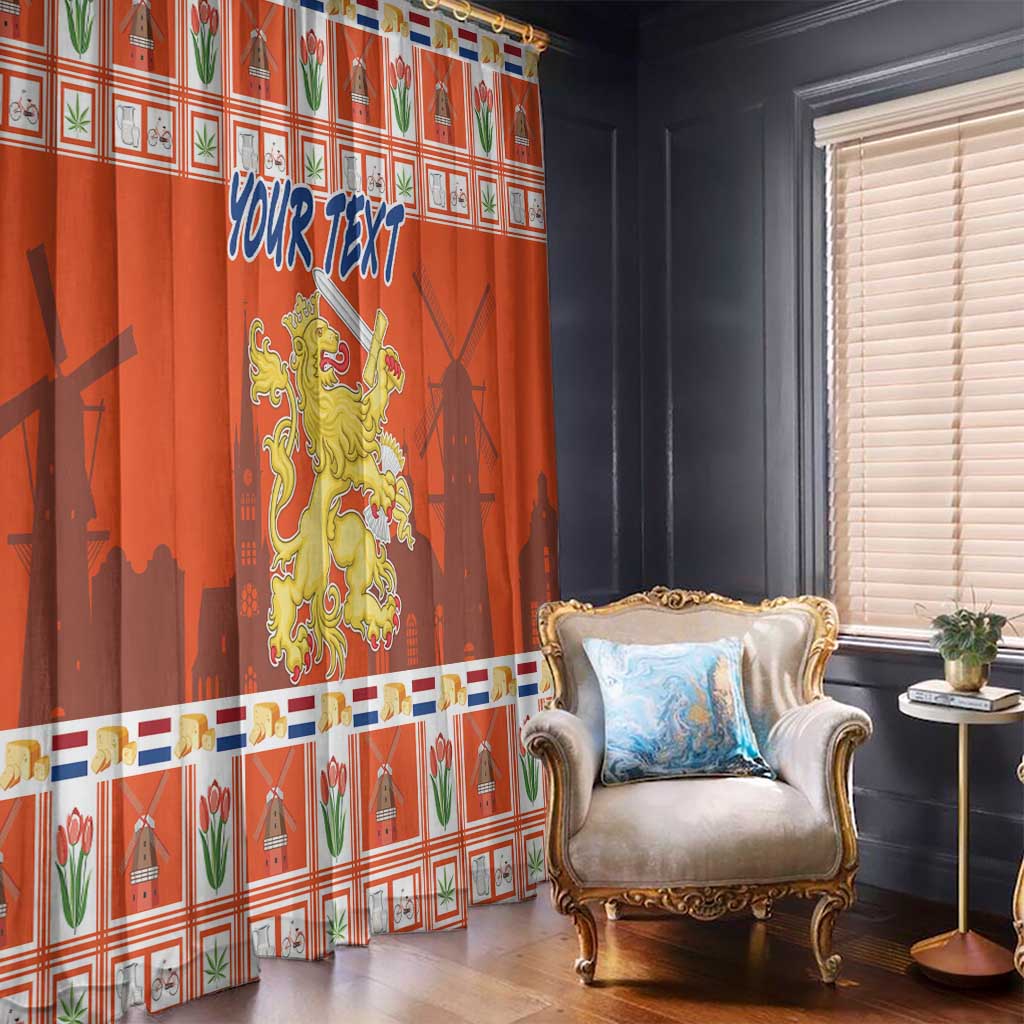 Orange window curtain with Dutch crest and blue “YOUR TEXT” print, festive border