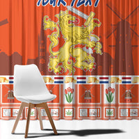 Orange window curtain with large Dutch crest and blue “YOUR TEXT” across top border