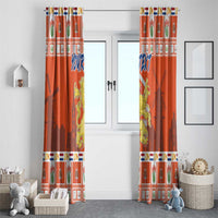 Pair of orange window curtain panels with Dutch coat-of-arms crest and festive grid trim