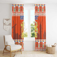 Orange window curtain panels featuring Dutch crest and blue “YOUR TEXT” centered