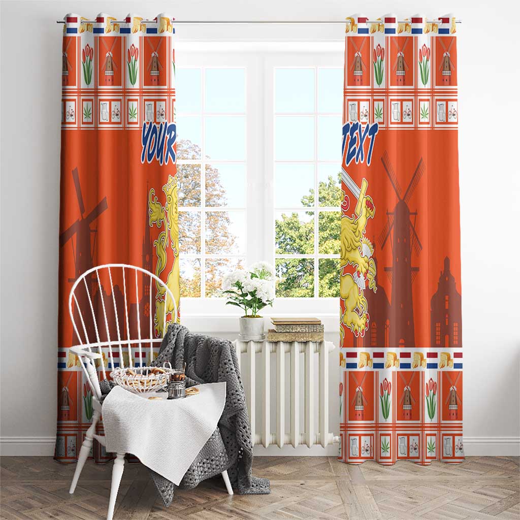 Orange window curtain set with Dutch coat-of-arms crest and blue “YOUR TEXT” on each panel