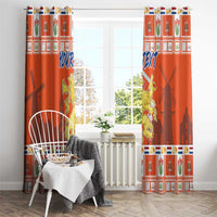 Orange window curtain set with Dutch coat-of-arms crest and blue “YOUR TEXT” on each panel