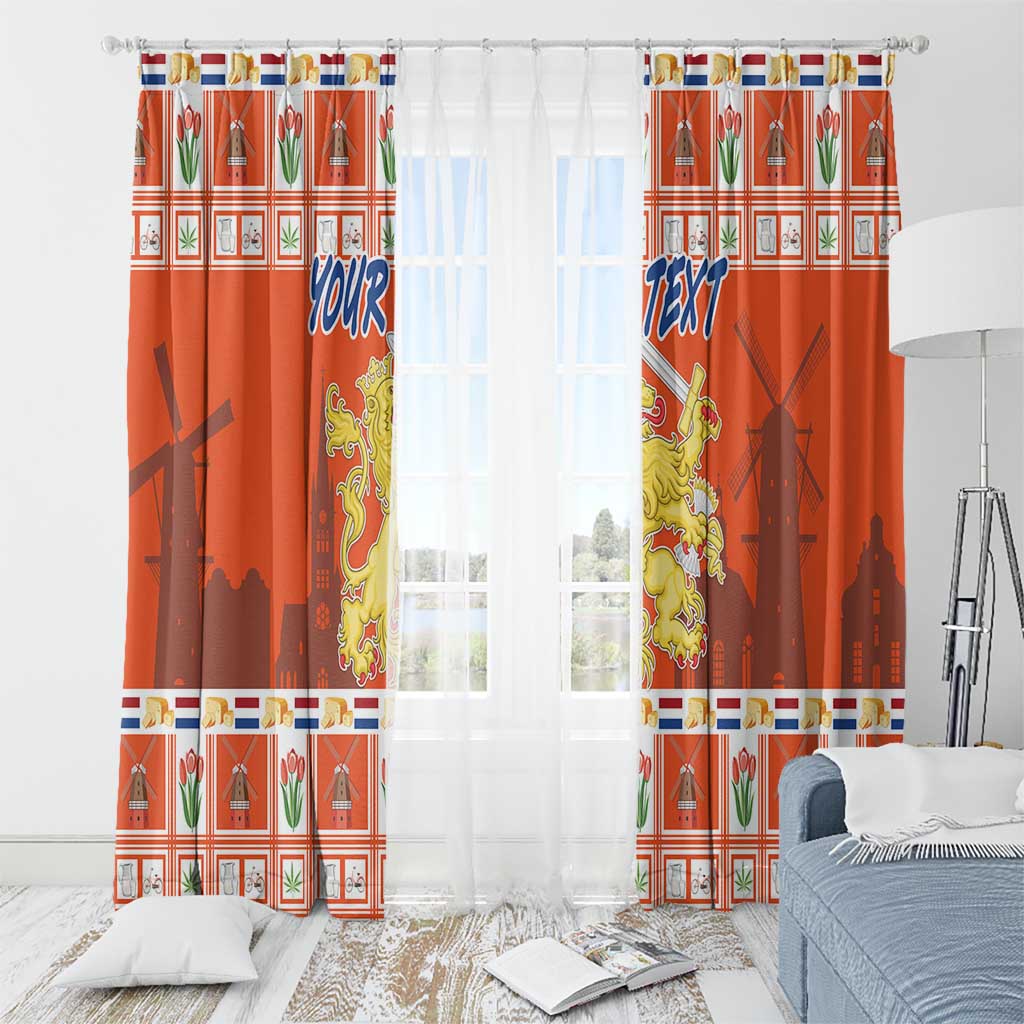 Orange window curtain panels with Dutch coat-of-arms crest and blue “YOUR TEXT” design