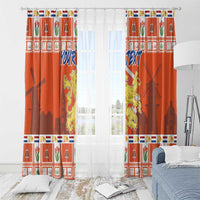 Orange window curtain panels with Dutch coat-of-arms crest and blue “YOUR TEXT” design