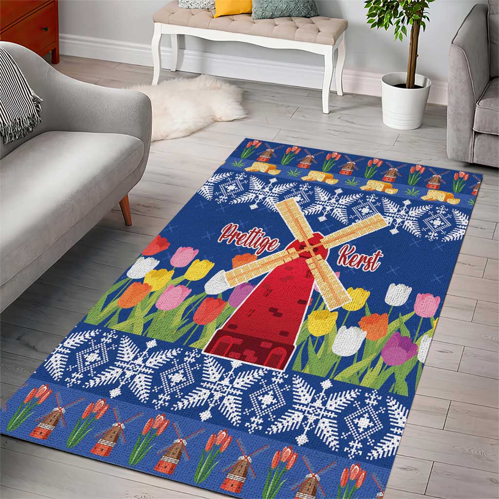 Blue Christmas area rug with windmill and tulips, 'Prettige Kerst' central panel