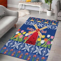 Blue Christmas area rug with windmill and tulips, 'Prettige Kerst' central panel