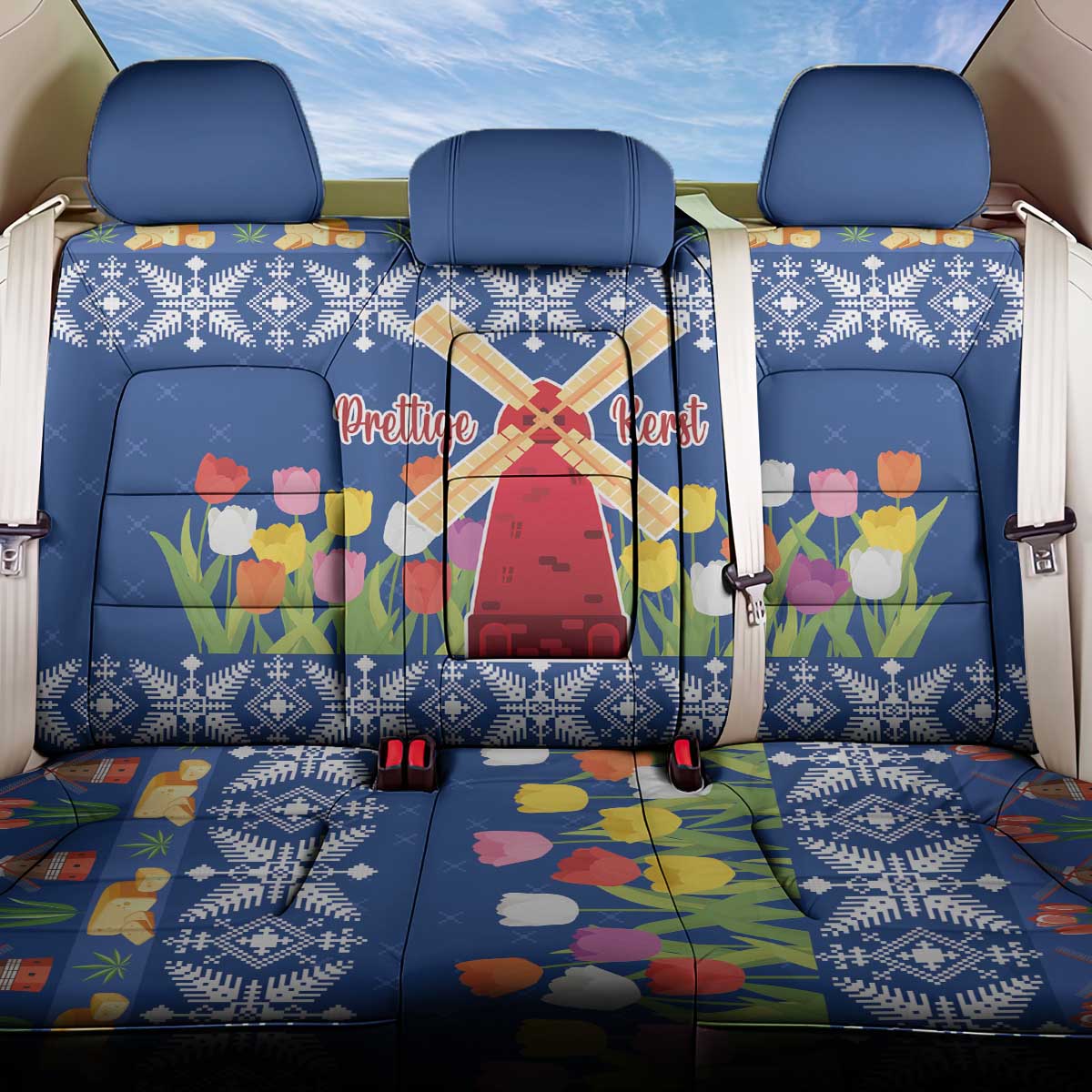 Netherlands Christmas Back Car Seat Cover Windmills With Tulip Flowers - Wonder Print Shop