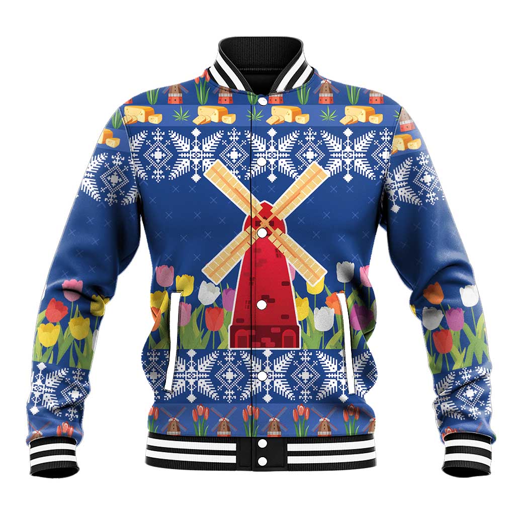 Blue baseball jacket with windmill, tulip and snowflake graphic; striped collar and cuffs.