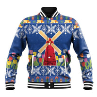 Blue baseball jacket with windmill, tulip and snowflake graphic; striped collar and cuffs.