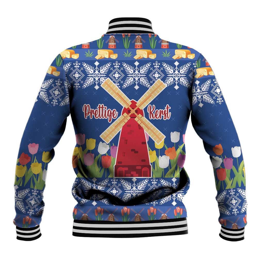 Blue baseball jacket back view with windmill, tulip and snowflake graphics; striped hem cuffs.