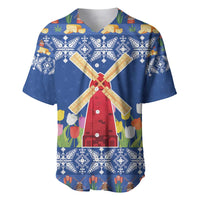 Blue Christmas baseball jersey with windmill and tulip flower print, button-front
