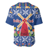 Blue Christmas baseball jersey with windmill and tulip print, 'Prettige Kerst' text
