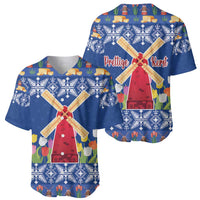 Blue Christmas baseball jersey with windmill and tulip print, 'Prettige Kerst' on front