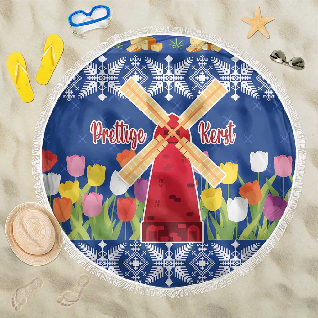 Round blue Christmas beach blanket with tulip flowers and windmill center design, white fringe