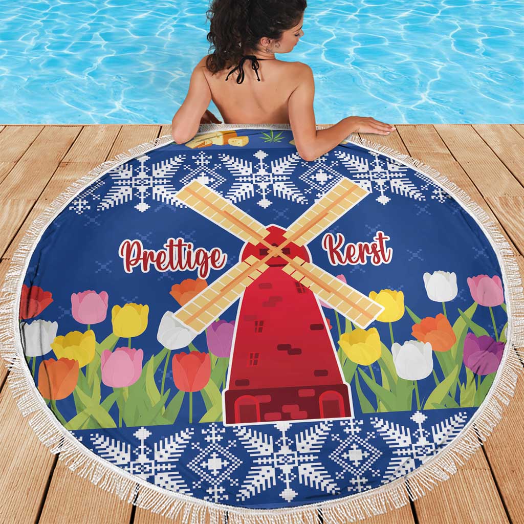 Circular blue Christmas blanket with tulips and windmill design, fringed border