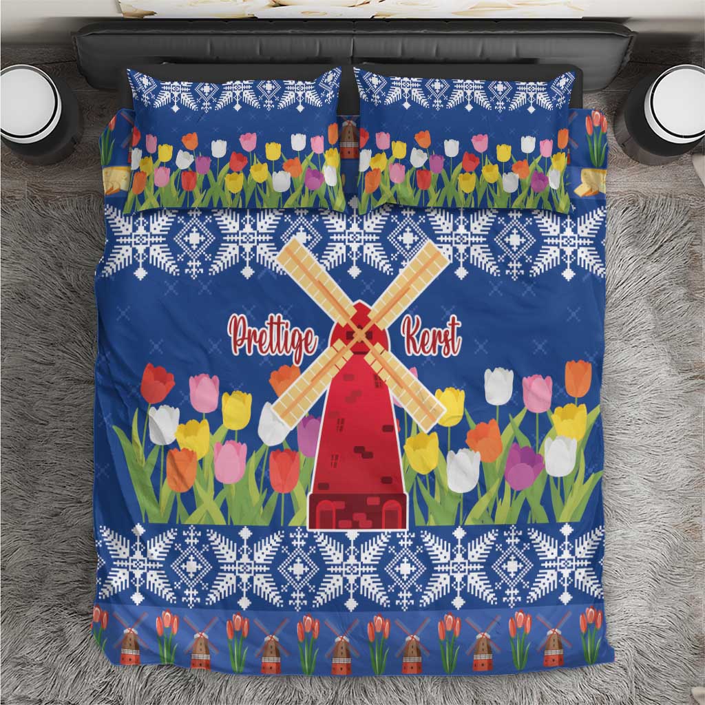 Blue Christmas bedding set with tulip flowers, windmill motif, and matching pillowcases