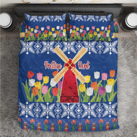 Blue Christmas bedding set with tulip flowers, windmill motif, and matching pillowcases