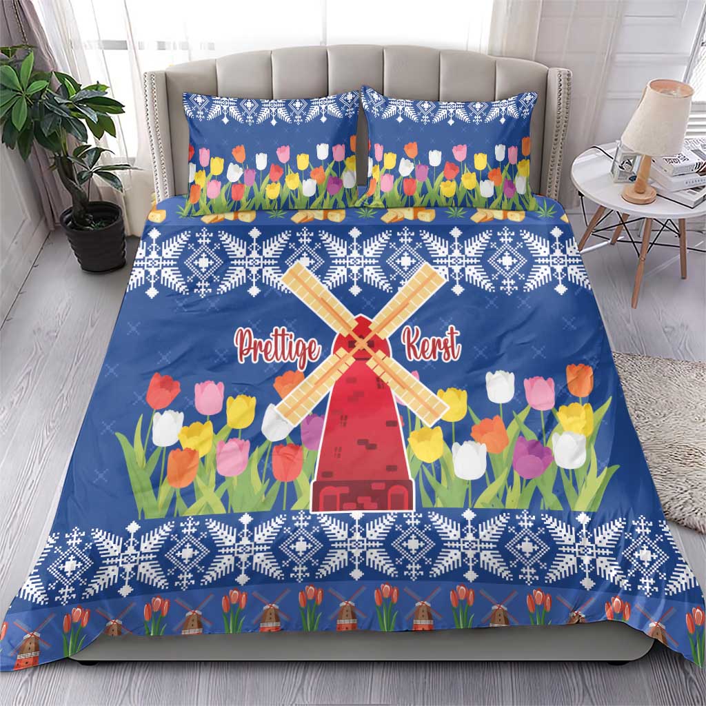 Blue duvet cover bedding set with tulip flowers and windmill design plus two pillows