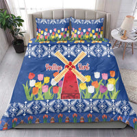 Blue duvet cover bedding set with tulip flowers and windmill design plus two pillows
