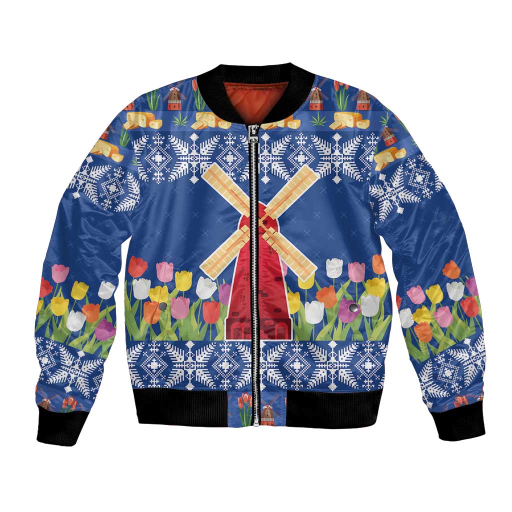 Unisex blue bomber jacket with central windmill, tulip flowers, and ribbed cuffs