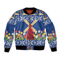 Unisex blue bomber jacket with central windmill, tulip flowers, and ribbed cuffs