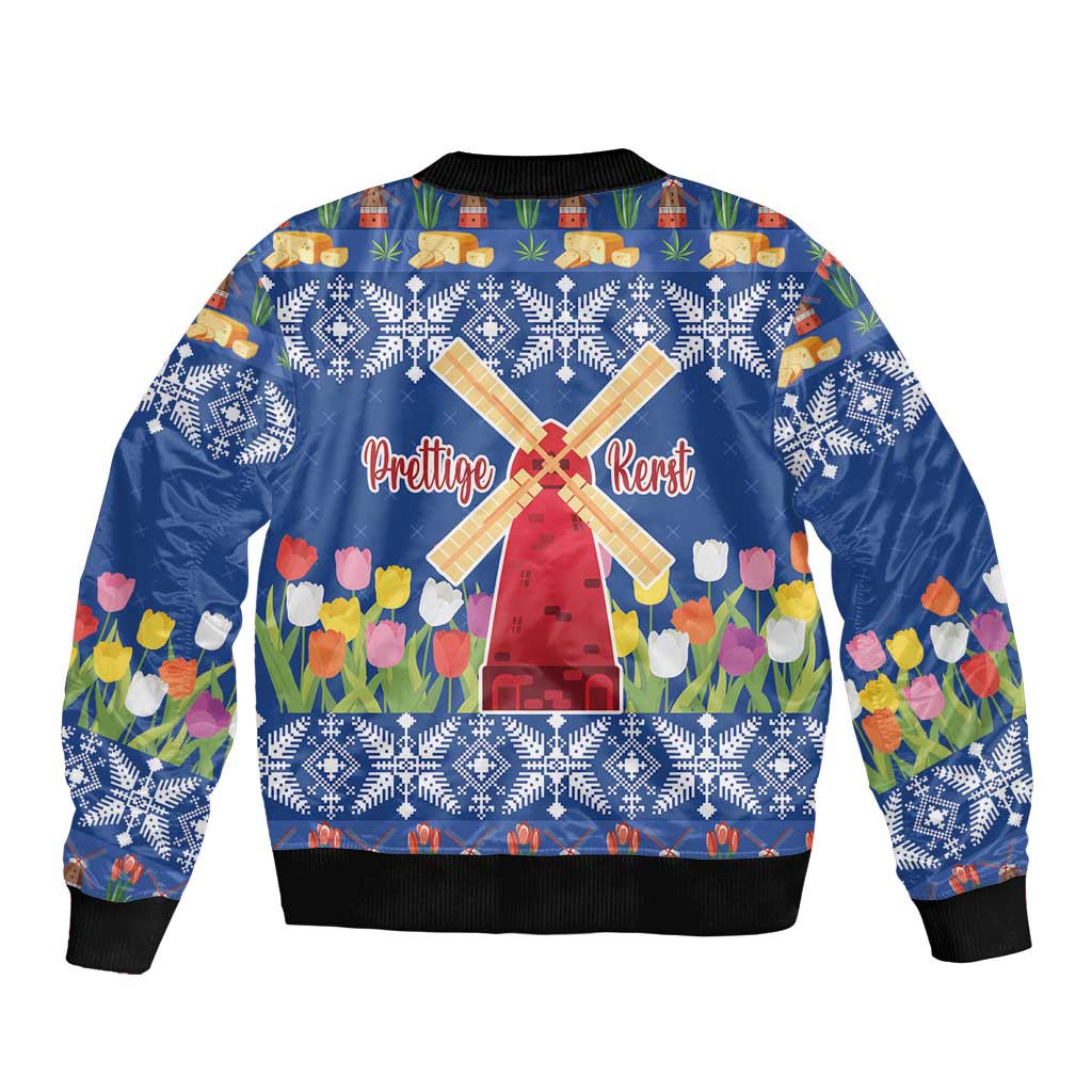 Unisex blue bomber jacket with back text 'Prettige Kerst', windmill, and tulips