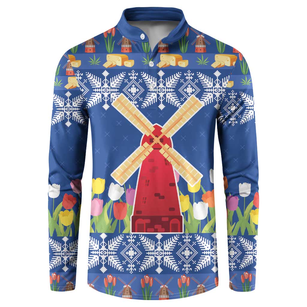 Blue Christmas button sweatshirt with windmill, tulip flowers, and village icons